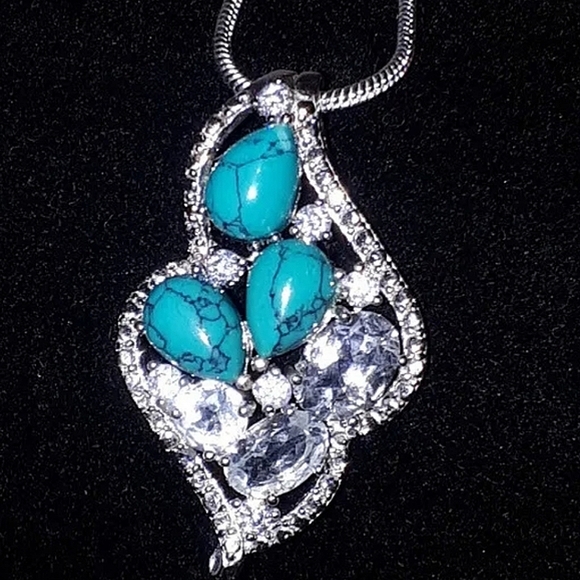 Natural Blue Turquoise, White Topaz & Cz 925 Sterling‎ Silver Necklace. - Picture 1 of 4